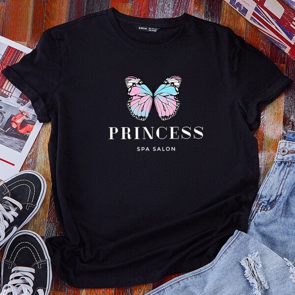 

Butterfly And Letter Graphic Tee, Black