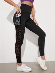 Mesh Insert Wide Waistband Leggings With Phone Pocket