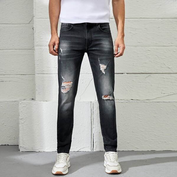 

Men Ripped Washed Tapered Jeans, Black