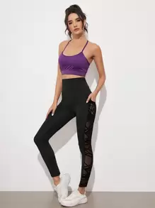 SHEIN Essnce Mesh Insert Wide Waistband Leggings With Phone Pocket - Black - View 3