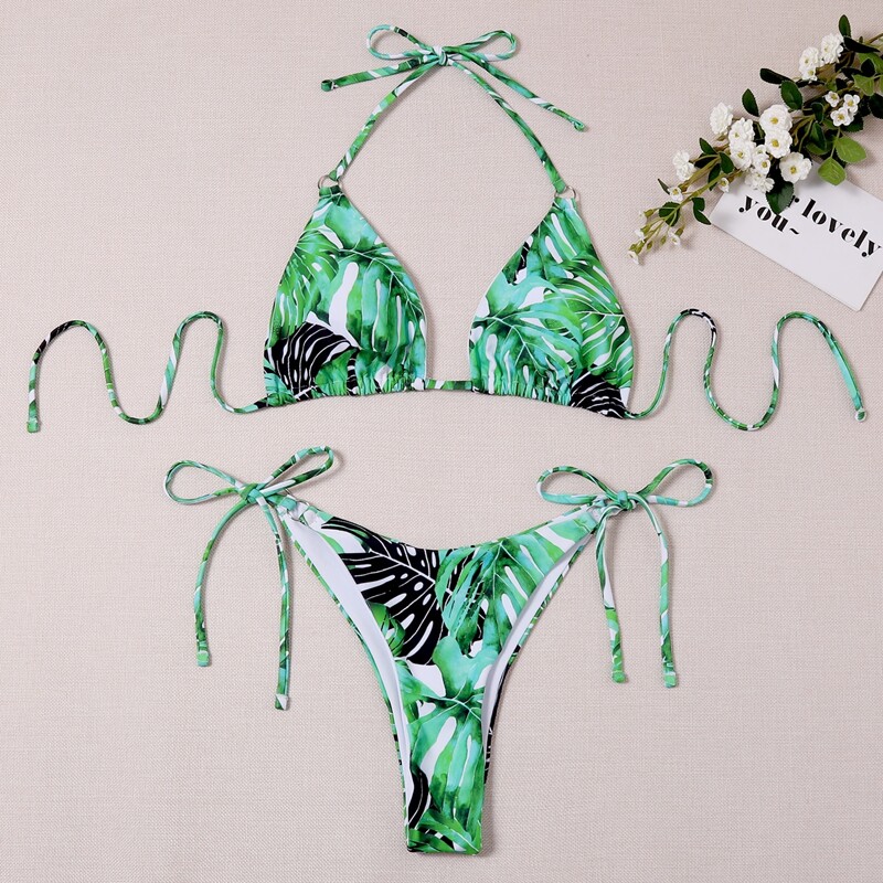

Tropical Triangle Tie Side Bikini Swimsuit, Green