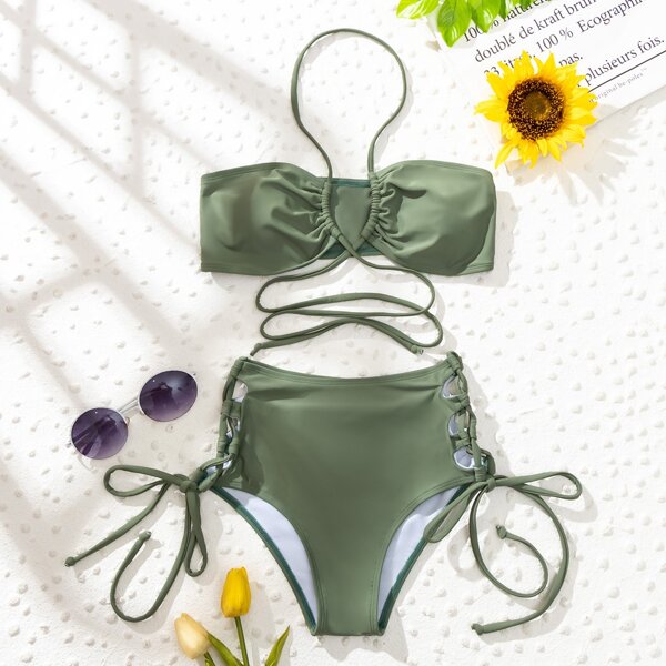 

Crisscross Halter Bikini Swimsuit, Army green