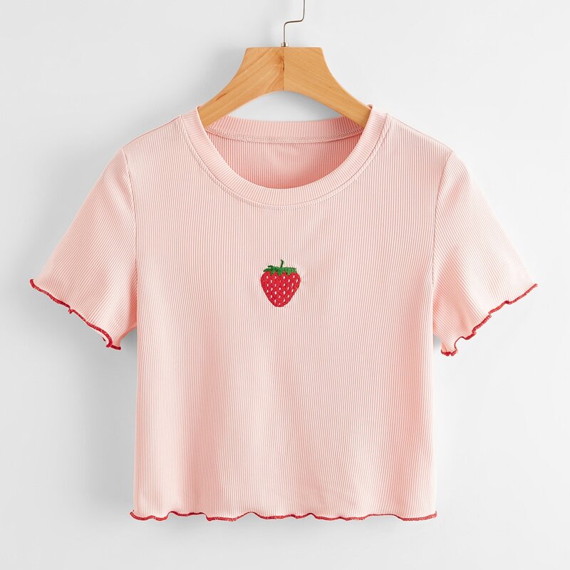 

Cherry Embroidery Crop Tee, Baby pink