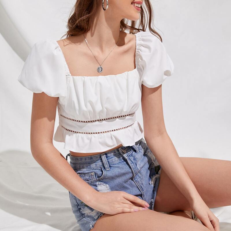 

Solid Ruffle Hem Blouse, White