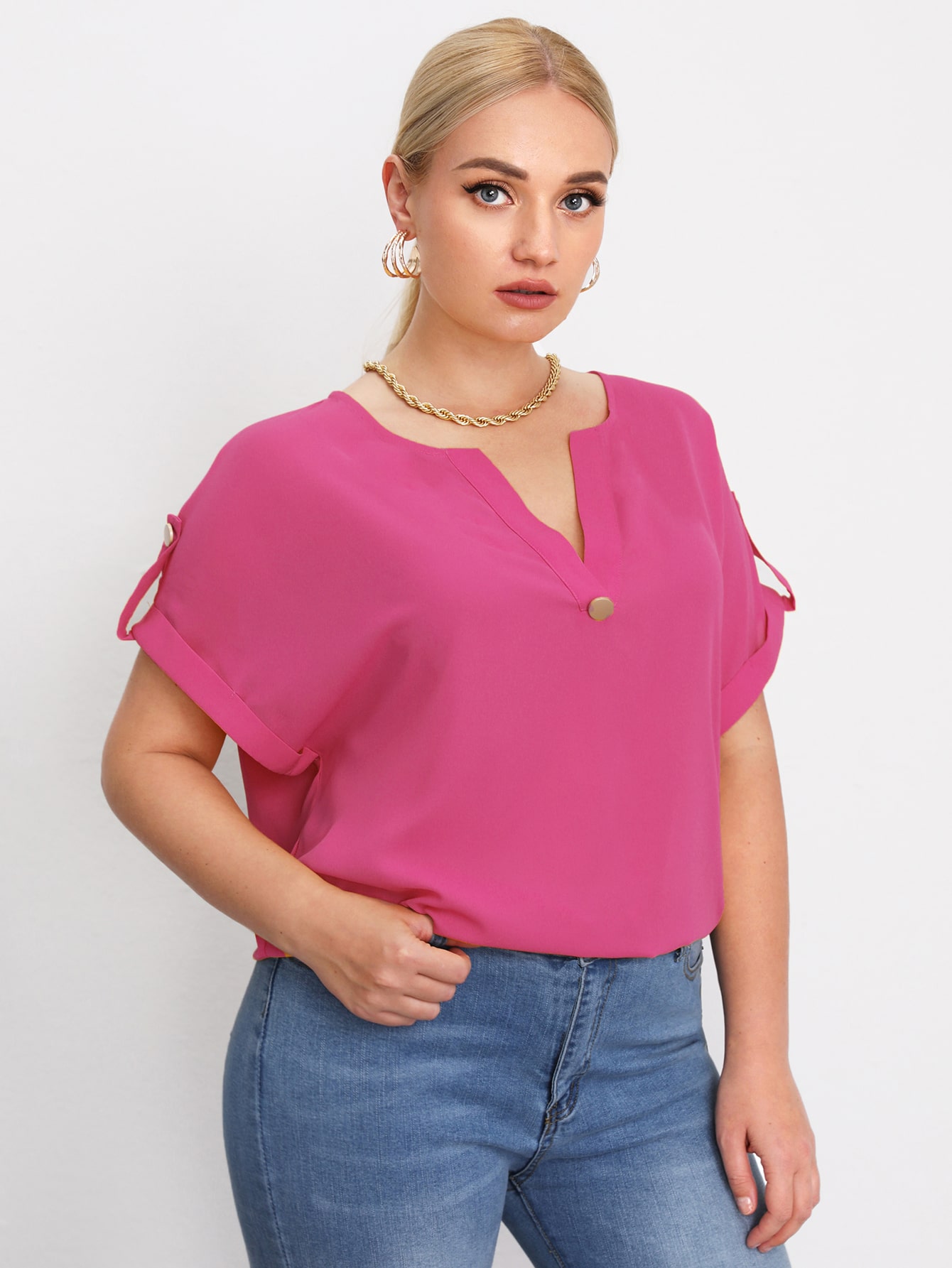Plus Notch Neck Roll Tab Sleeve Top thumbnail