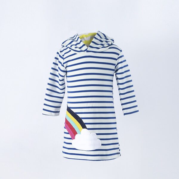 

Toddler Girls Cartoon Patched Striped Hoodie Dress, Blue and white