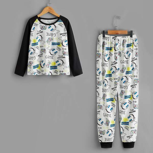 

Boys Contrast Sleeve Cartoon Graphic PJ Set, Multicolor