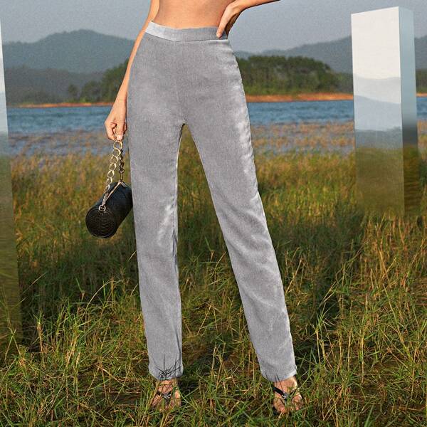 

High Waist Solid Cord Pants, Grey