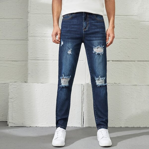 

Men Ripped Slant Pocket Straight Leg Jeans, Dark wash