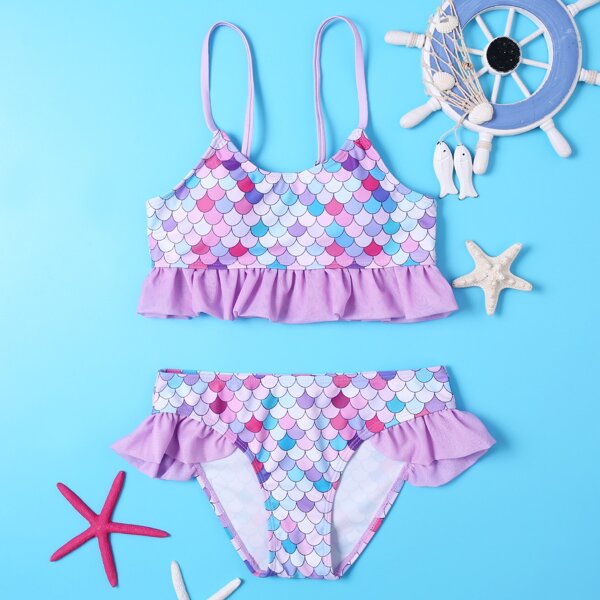 

Girls Fish Scales Ruffle Bikini Swimsuit, Multicolor