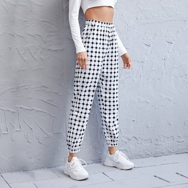 

Polka Dot And Plaid Tapered Pants, Black and white