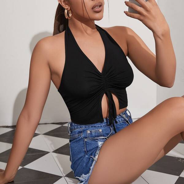 

Drawstring Ruched Crop Halter Top, Black