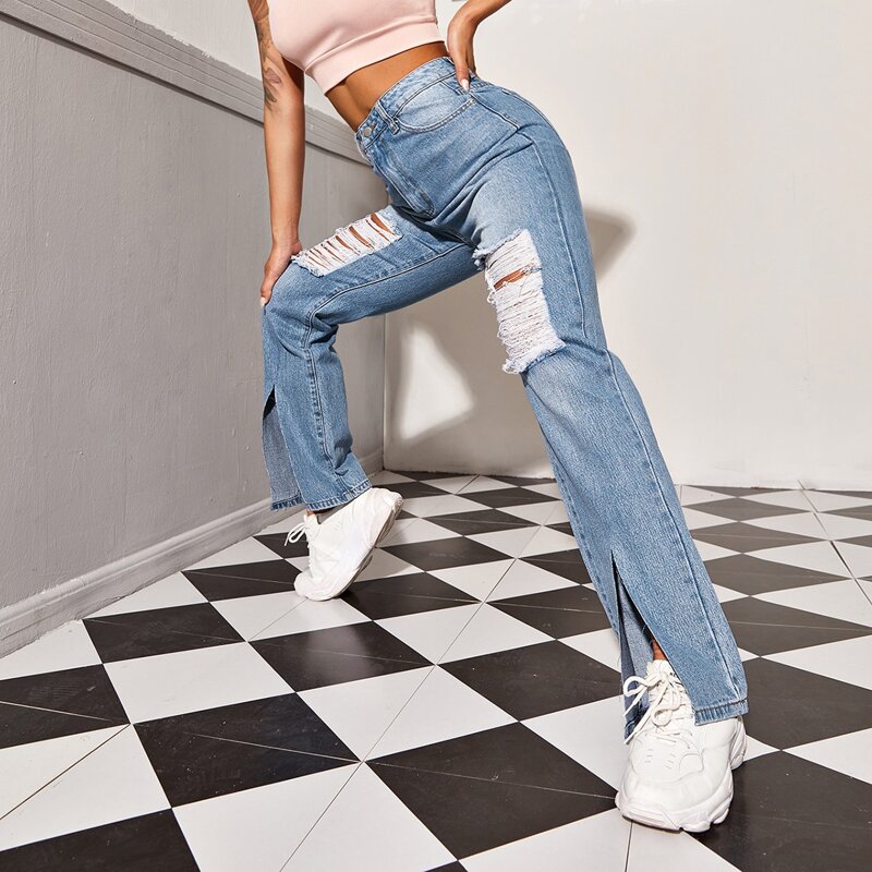 

High Waist Ripped Split Hem Jeans, Light wash
