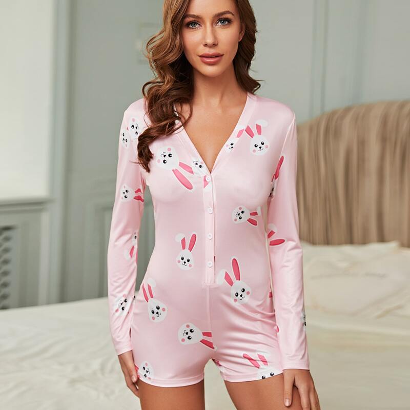 

Allover Cartoon Graphic Romper, Baby pink