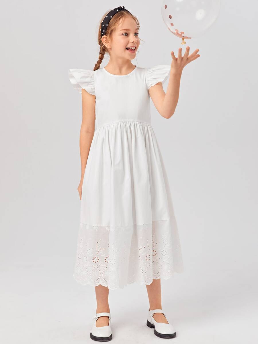 SHEIN 女孩蝴蝶袖棉布燒花刺繡連衣裙 - 白色 - 查看 1