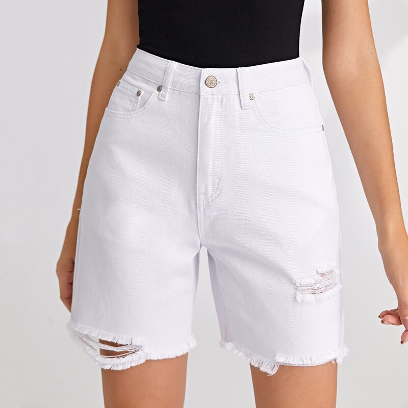 

High Waist Ripped Raw Hem Denim Shorts, White