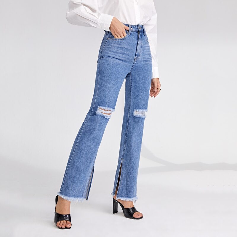 

High Waist Ripped Slit Raw Hem Jeans, Light wash