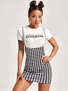 SHEIN Essnce Gingham Overall Dress - Black and White - View 1
