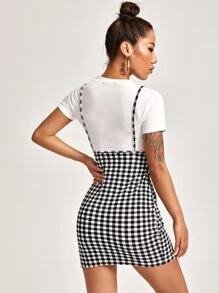 SHEIN Essnce Gingham Overall Dress - Black and White - View 2