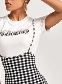 SHEIN Essnce Gingham Overall Dress - Black and White - View 4