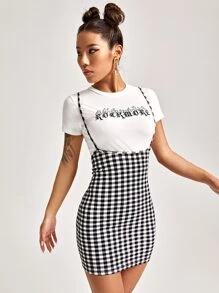 SHEIN Essnce Gingham Overall Dress - Black and White - View 5