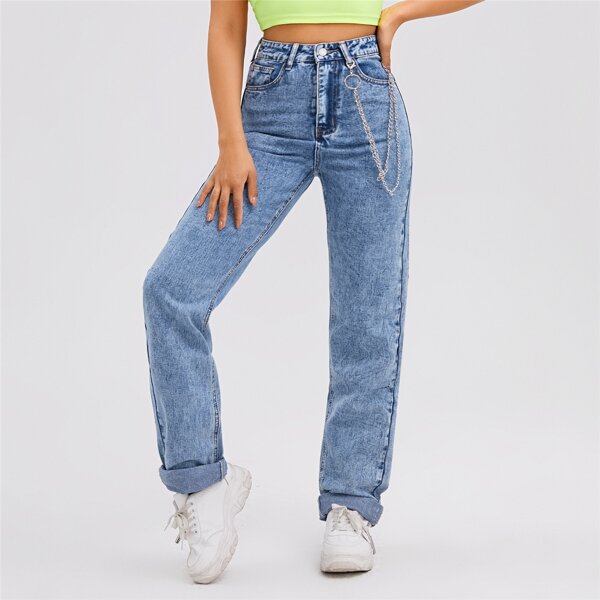 

High Waist Chain Detail Jeans, Medium wash