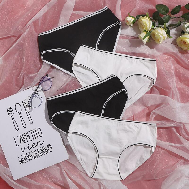 

4pack Contrast Binding Panty Set, Black and white