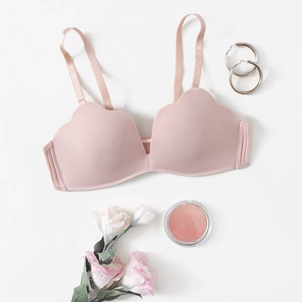 

Scalloped Trim Bra With 2pairs Bra Strap, Pastel baby pink