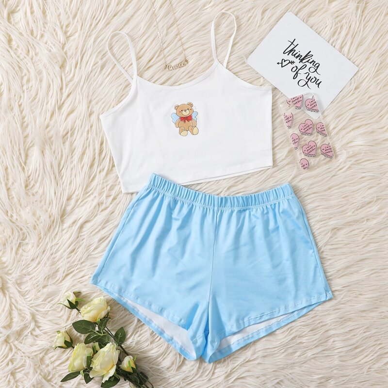 

Bear Print Cami & Shorts PJ Set, Blue and white