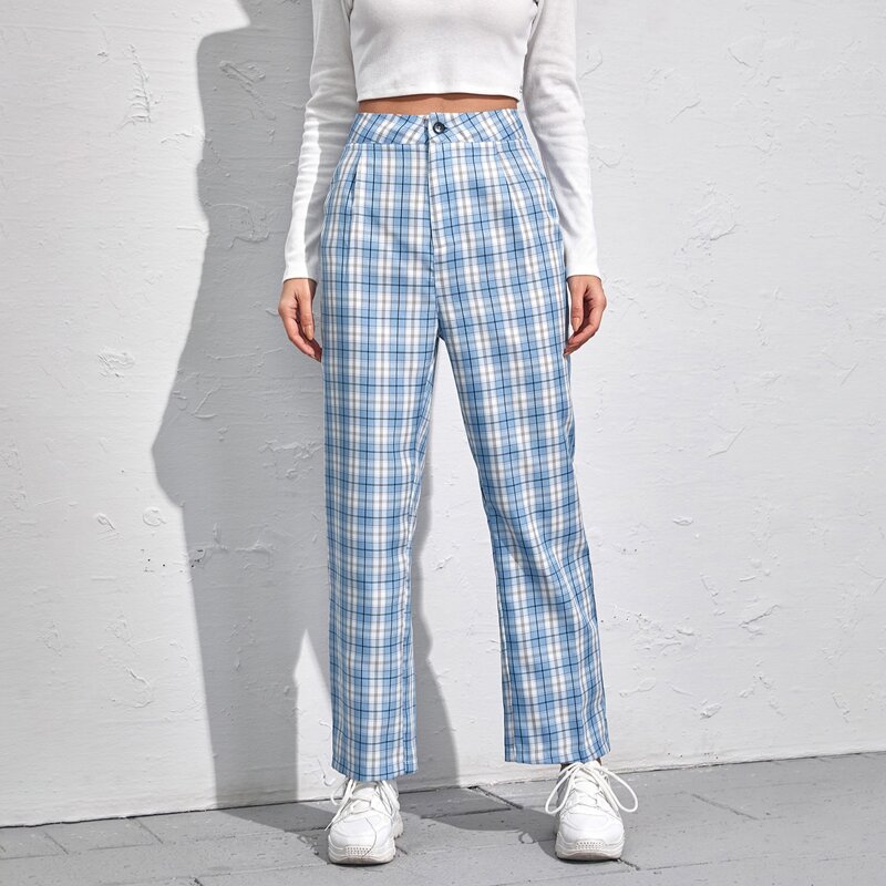 

Plaid Straight Leg Pants, Baby blue