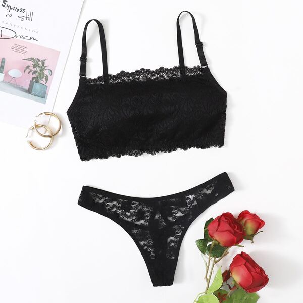 

Floral Lace Lingerie Set, Black