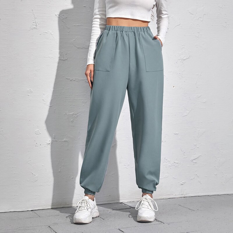 

Solid Pocket Patched Pants, Dusty blue