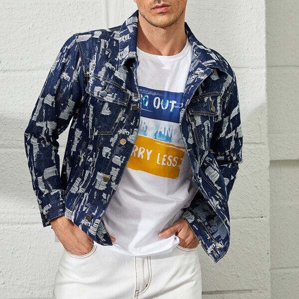 

Men Ripped Contrast Stitch Denim Jacket, Dark wash
