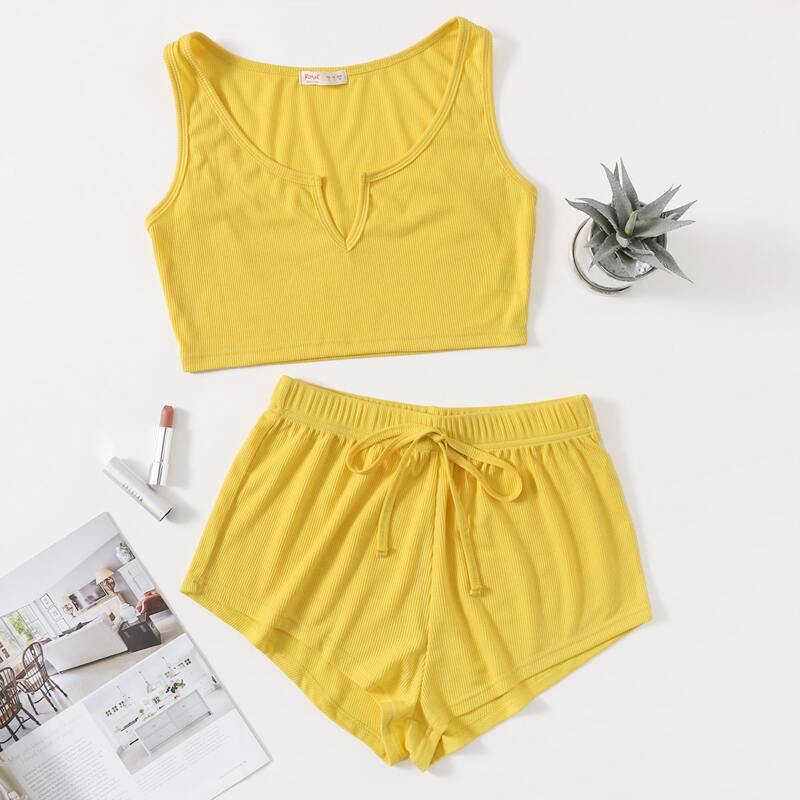 

Ribbed Tank Top & Shorts Lounge Set, Yellow