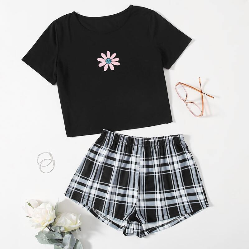 

Floral & Plaid Pattern PJ Set, Black and white