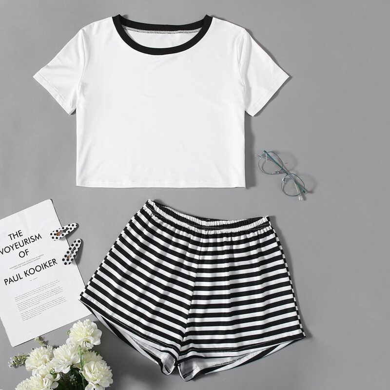 

Stripe Shorts PJ Set, Black and white