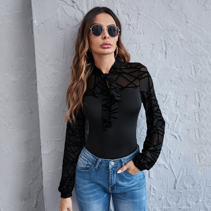 

Tie Neck Bishop Sleeve Top, Black
