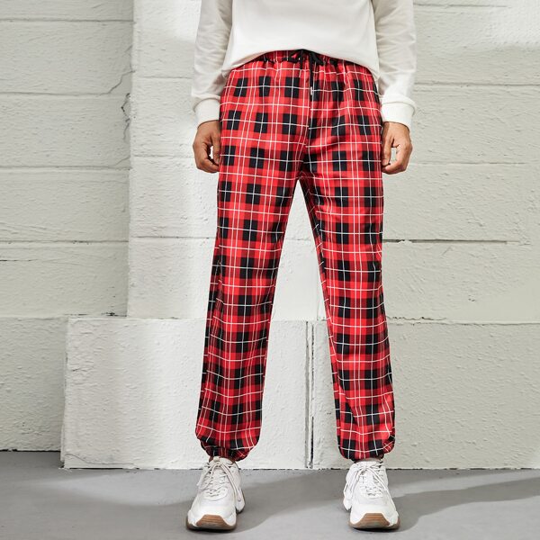 

Men Plaid Drawstring Waist Sweatpants, Multicolor