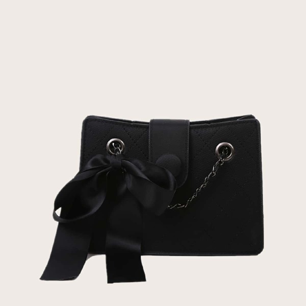 

Bow Decor Stitch Detail Shoulder Bag, Black