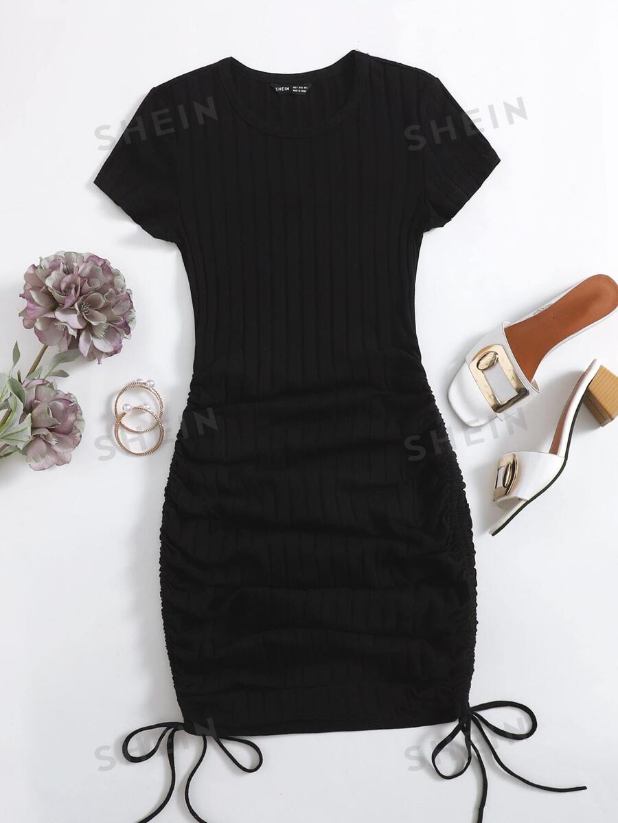 SHEIN EZwear Vestido ajustado tejido de canalé con cordón lateral - Negro - Ver 1