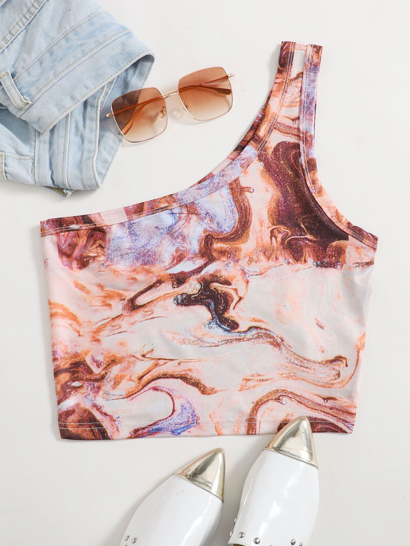 Marble Print One Shoulder Top thumbnail