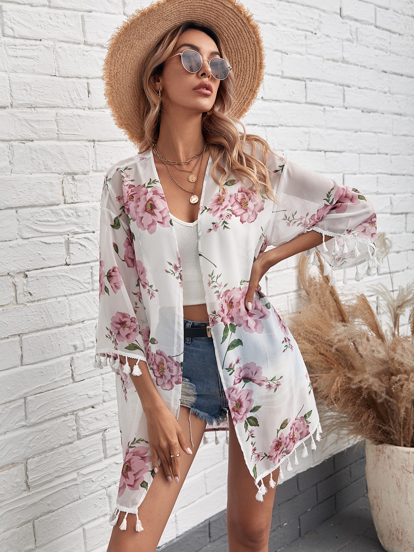 Floral Fringe Trim Kimono thumbnail