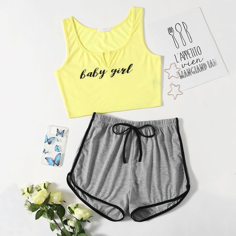 

Letter Tank Top & Dolphin Shorts PJ Set, Multicolor