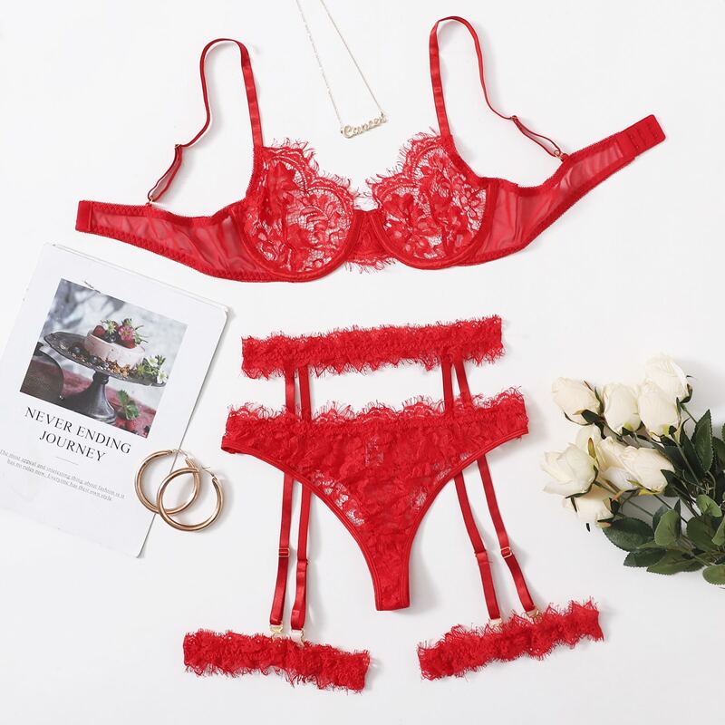 

Eyelash Floral Lace Garter Lingerie Set, Red