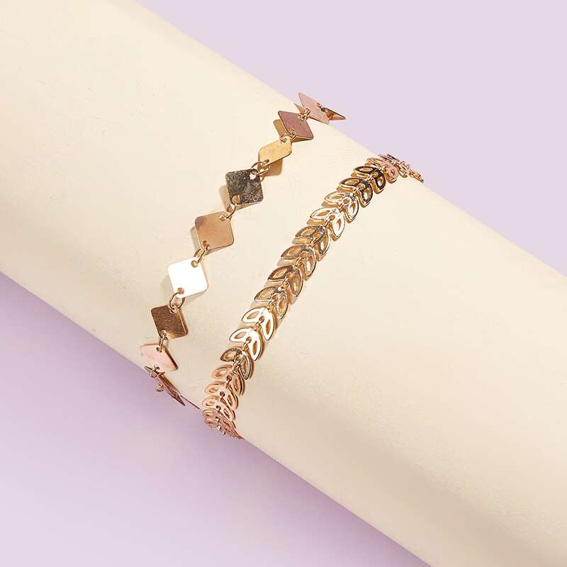 

2pcs Leaf & Diamond Bracelet, Gold