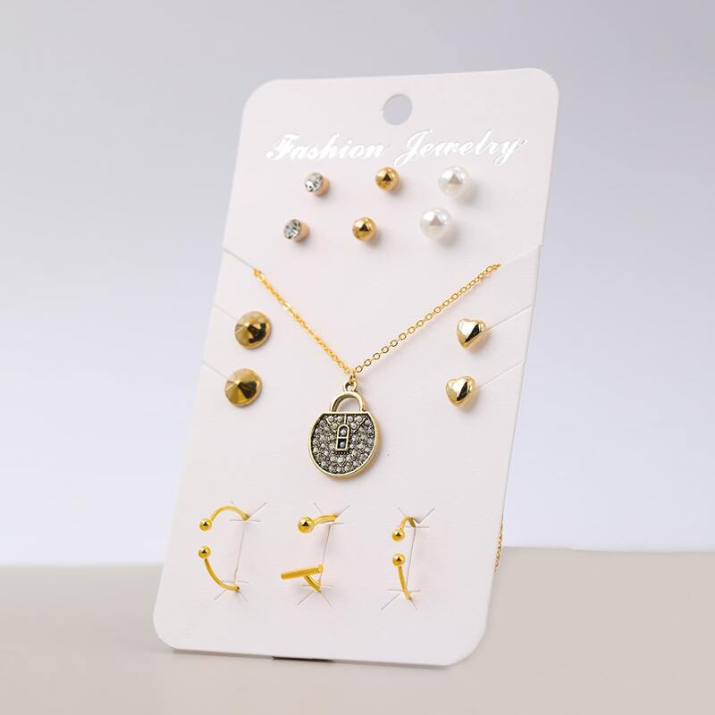 

1pc Rhinestone Pendant Necklace & 5pairs Stud Earrings & 3pcs Ring, Gold