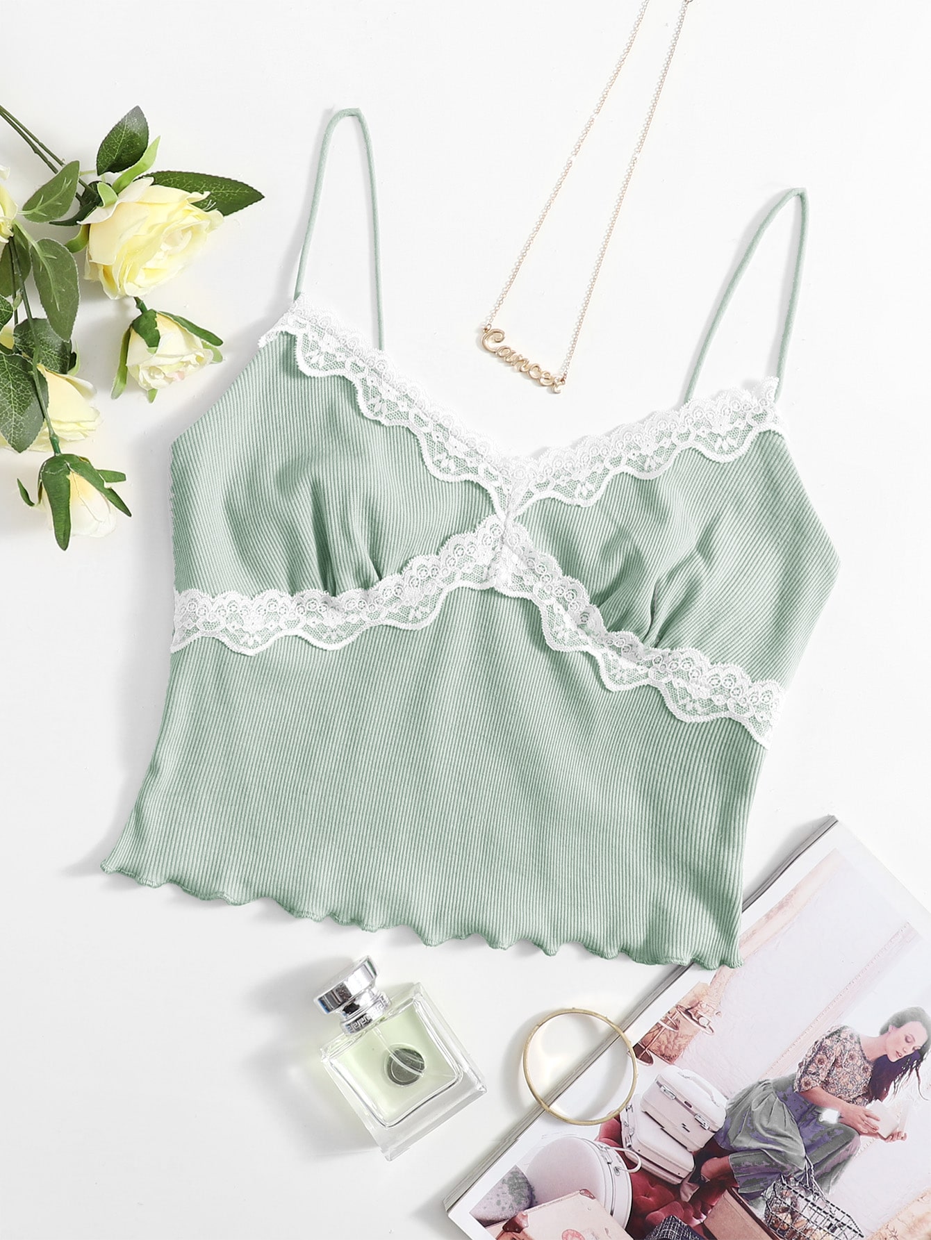 Contrast Lace Detail Crop Cami Top thumbnail