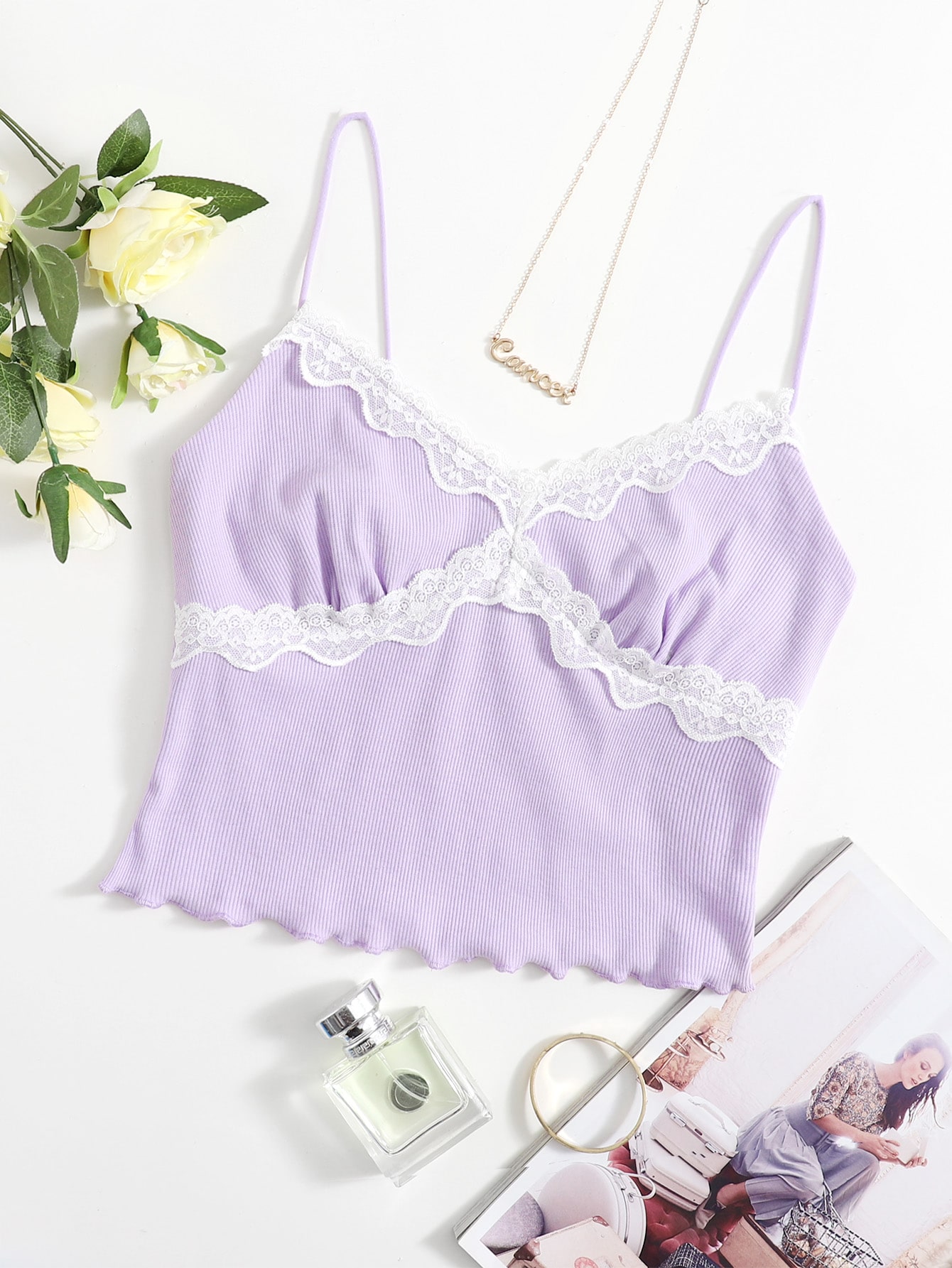 Contrast Lace Detail Crop Cami Top thumbnail