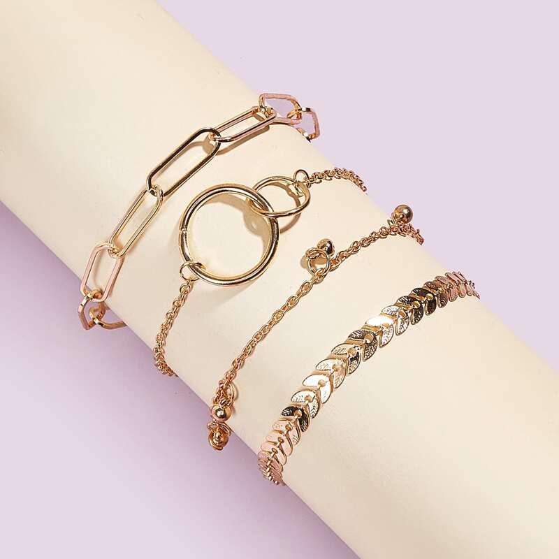 

4pcs Leaf & Ring Chain Bracelet, Gold