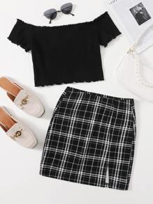 SHEIN Privé Bộ thời trang Chia Sọc ca rô Giải trí - Đen và trắng - Xem 1